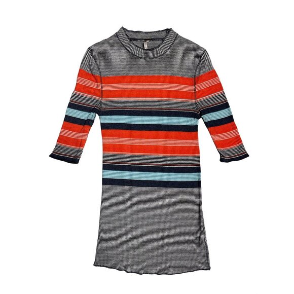 Free People Striped Thermal Top Size XS Navy Combo OB466000 Blue Red - Picture 2 of 8